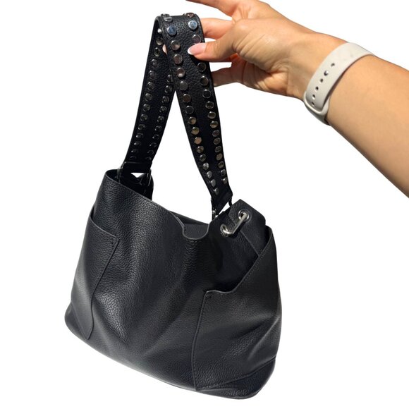 Steve Madden Black Faux Leather Shoulder Bag – Studded Strap + Deep Pockets - Picture 1 of 11